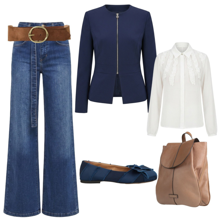 Outfit donna - Shopping d'autunno. Stile Casual per Tutti i giorni. Abbinamento con camicie, jeans, blazer, cinture, ballerine, zaini.