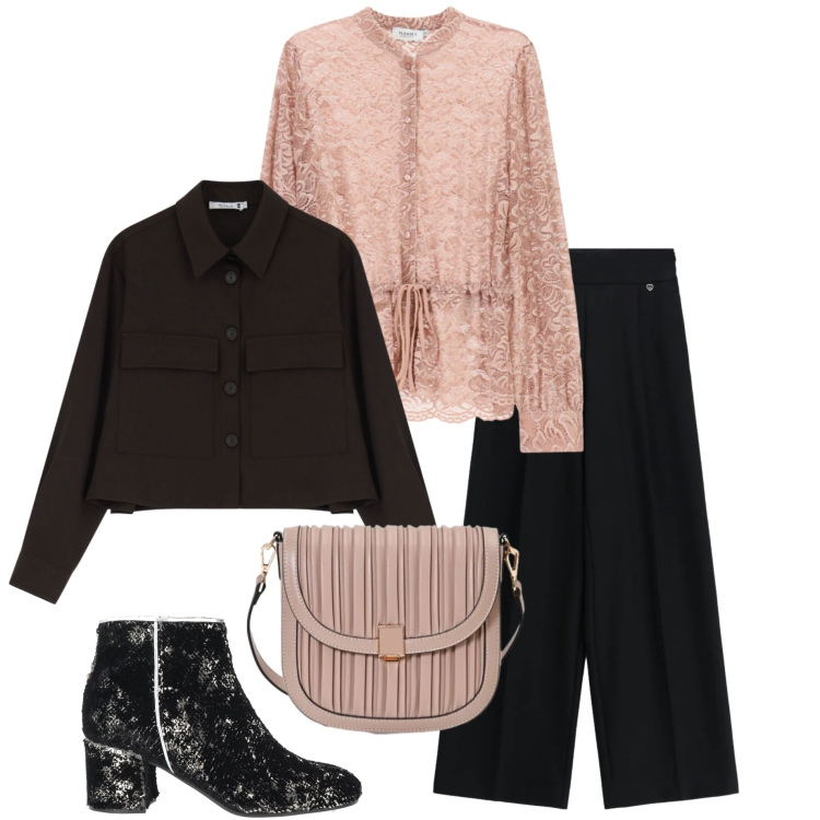 Outfit donna - Rosa cipria. Stile Casual chic per Serata fuori. Abbinamento con stivaletti, cappotti, pantaloni a palazzo, bluse, borse a tracolla.