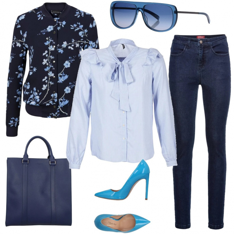 Outfit donna - Cielo terso a primavera. Stile Urban per Tutti i giorni. Abbinamento con bomber, jeans vita alta in denim blu, décolleté effetto vernice con tacco geometrico a punta tinta unita, occhiali da sole lenti colorate in montatura in metallo tinta unita, borsa a mano con logo frontale blu, camicia blu.