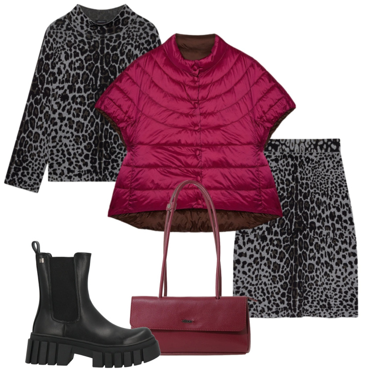 Outfit donna - Completo animalier. Stile Casual chic per Serata fuori. Abbinamento con stivaletti, borse a spalla, piumini, gonne longuette, maglieria.