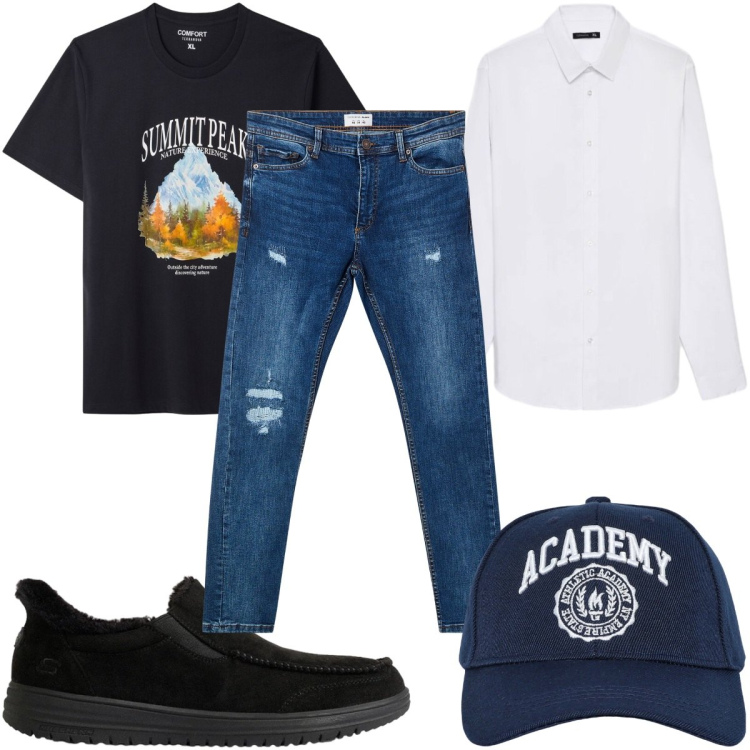 Outfit uomo - Total look #2492211. Stile Casual per Tutti i giorni. Abbinamento con jeans strappati, cappelli con visiera, camicie, t-shirt, sneakers.