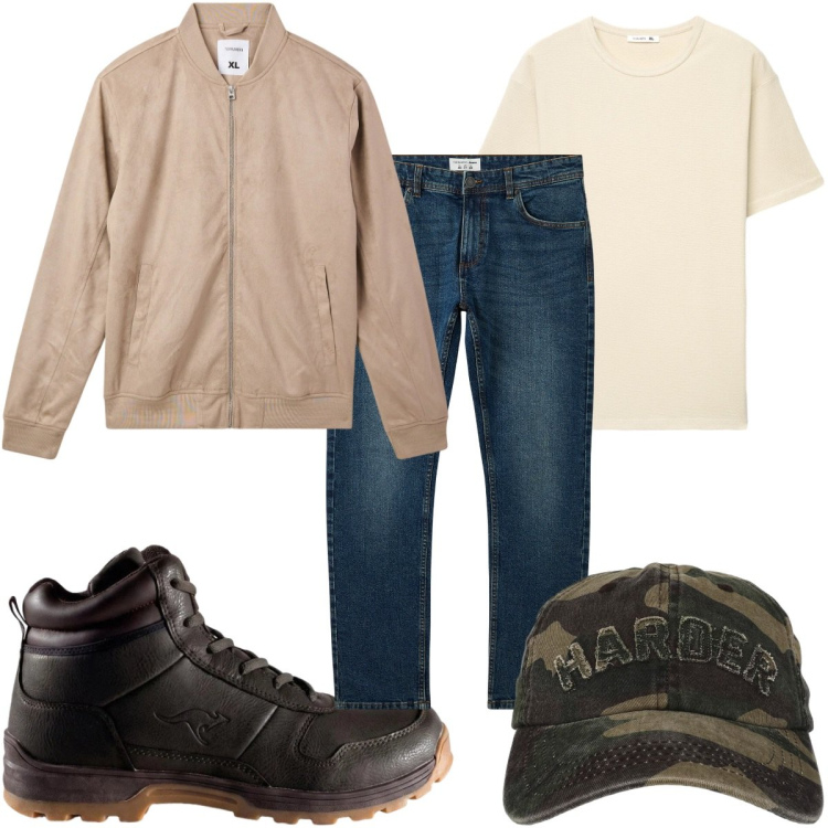 Outfit uomo - Total look #2492214. Stile Casual per Tutti i giorni. Abbinamento con jeans, bomber, cappelli con visiera, t-shirt, stivali e stivaletti.