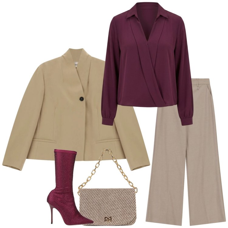 Outfit donna - Serata con le amiche. Stile Casual per Tutti i giorni. Abbinamento con stivali, blazer, pantaloni a palazzo, bluse, borse a spalla.