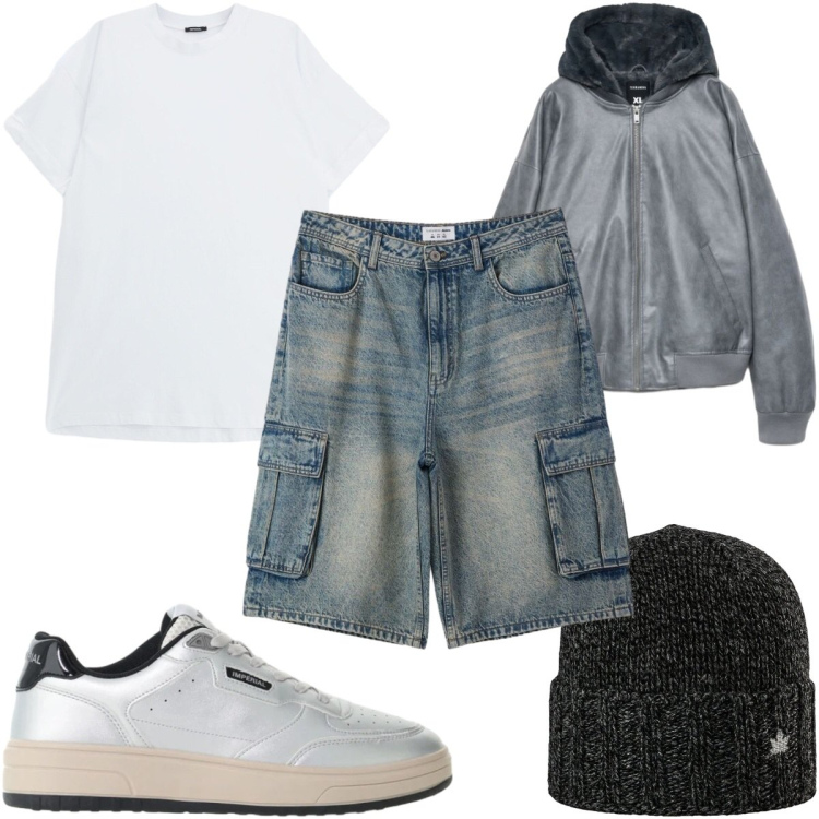 Outfit uomo - Total look #2492223. Stile Casual per Tutti i giorni. Abbinamento con t-shirt, sneakers, berretti, pantaloni corti, bomber.