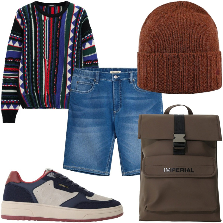 Outfit uomo - Total look #2492225. Stile Casual per Tutti i giorni. Abbinamento con maglieria, sneakers, borse sportive, berretti, bermuda.