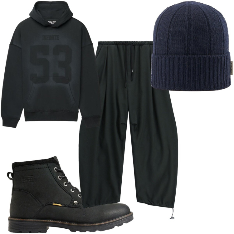 Outfit uomo - Total look #2492227. Stile Urban per Tutti i giorni. Abbinamento con pantaloni, berretti, felpe con cappuccio, stivali e stivaletti.