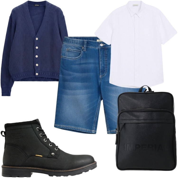 Outfit uomo - Total look #2492228. Stile Casual per Tutti i giorni. Abbinamento con cardigans, borse sportive, camicie a manica corta, bermuda, stivali e stivaletti.