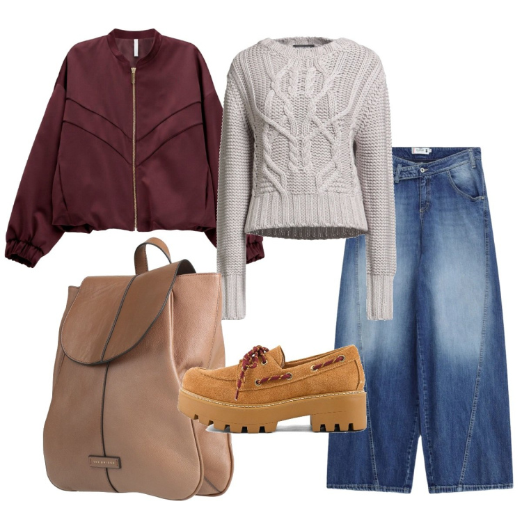 Outfit donna - Total Look Ottobre. Stile Urban per Tutti i giorni. Abbinamento con pullovers, zaini, bomber, jeans, mocassini.