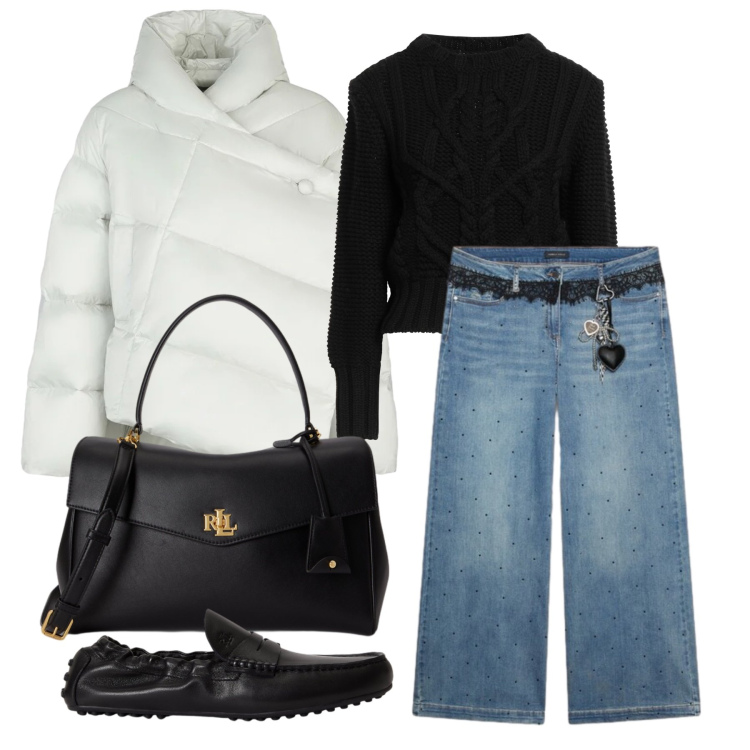 Outfit donna - Ottobre. Stile Casual per Tutti i giorni. Abbinamento con pullovers, jeans, mocassini, borse a mano, piumini.