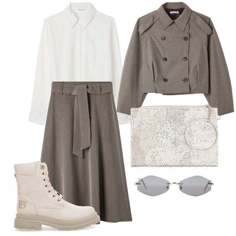 Outfit donna - Ottobre. Stile Casual chic per Tutti i giorni. Abbinamento con gonne lunghe, caban, camicie, occhiali da sole, pochette, anfibi.