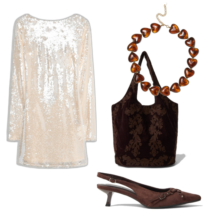 Outfit mujer - Trendy look. Estilo Trendy para Noche/Fiesta elegante. Combinación con collares, mochilas, vestidos cortos, salones.
