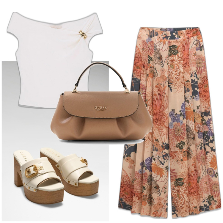Outfit mujer - Urban style. Estilo Urban para Todos los días. Combinación con zapatos de cuña, top, bolsos de mano, pantalones palazzo.