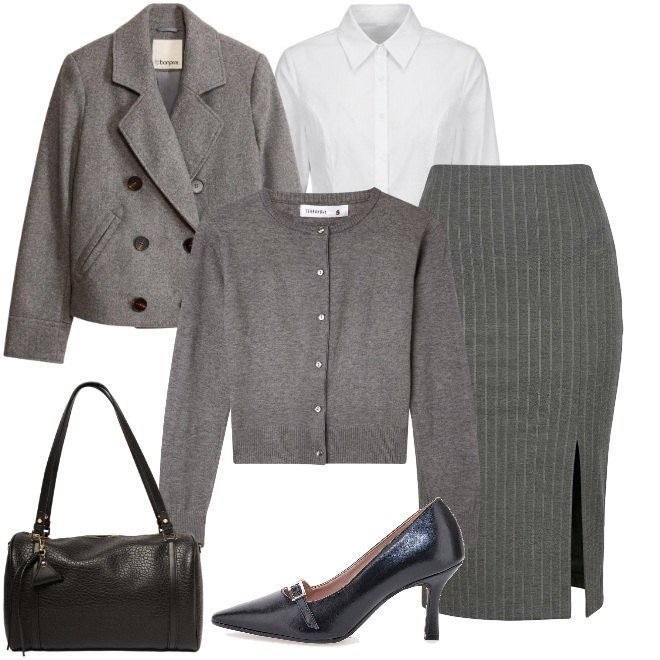 Outfit donna - Strati in grigio. Stile Bon Ton per Ufficio. Abbinamento con blazer, cardigans, camicie, borse a spalla, gonne longuette, décolleté.