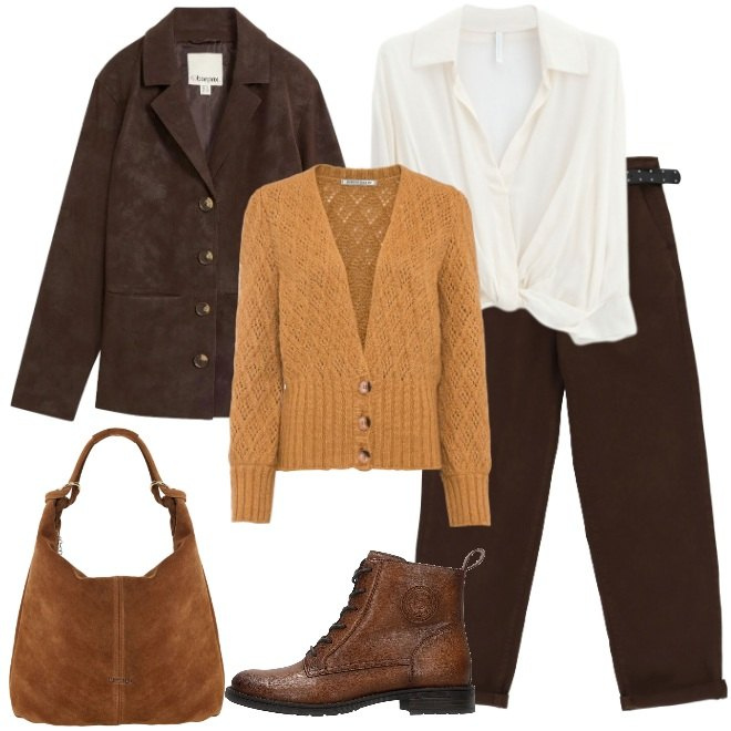 Outfit donna - Toni marroni con cardigan senape. Stile Urban per Tutti i giorni. Abbinamento con camicie, borse a spalla, pantaloni, cardigans, blazer, anfibi.