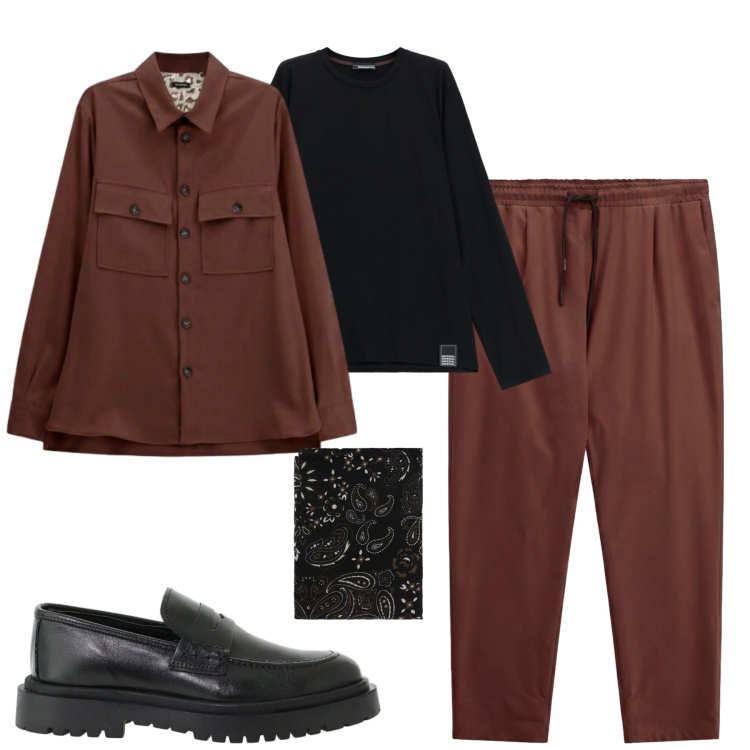Outfit uomo - Ottobre. Stile Urban per Tutti i giorni. Abbinamento con cappotti, scarpe stringate, t-shirt, pantaloni, sciarpe e foulard.