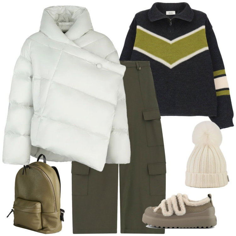 Outfit donna - Total look #2492284. Stile Casual per Tutti i giorni. Abbinamento con pantaloni cargo, pullovers, berretti, piumini, zaini, sneakers.