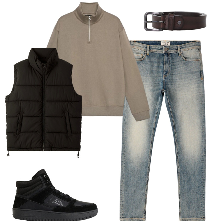 Outfit uomo - Il jeans sabbiato. Stile Urban per Tutti i giorni. Abbinamento con cinture, piumini, jeans skinny, felpe, sneakers alte.