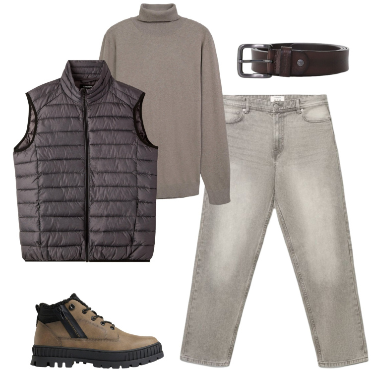 Outfit uomo - Tortora. Stile Casual per Tutti i giorni. Abbinamento con cinture, piumini, maglieria, jeans, stivali e stivaletti.