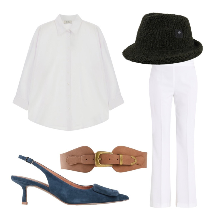 Outfit donna - Stilosa di giorno. Stile Glamour per Tutti i giorni. Abbinamento con décolleté, cinture, camicie, pantaloni, cappelli.