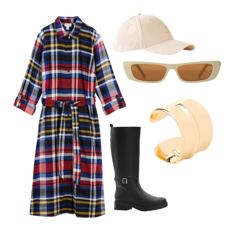 Outfit donna - Ottobre. Stile Urban per Tutti i giorni. Abbinamento con cappelli con visiera, stivali, braccialetti, vestiti chemisier, occhiali da sole.