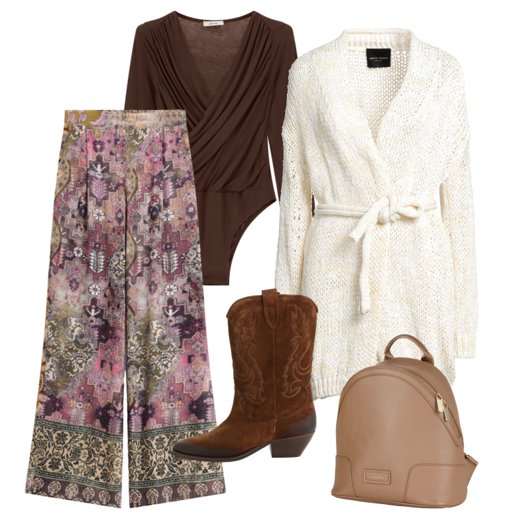 Outfit donna - Tocchi di fantasia abbinati. Stile Glamour per Tutti i giorni. Abbinamento con stivaletti texani, body, pantaloni a palazzo, zaini, cardigans.