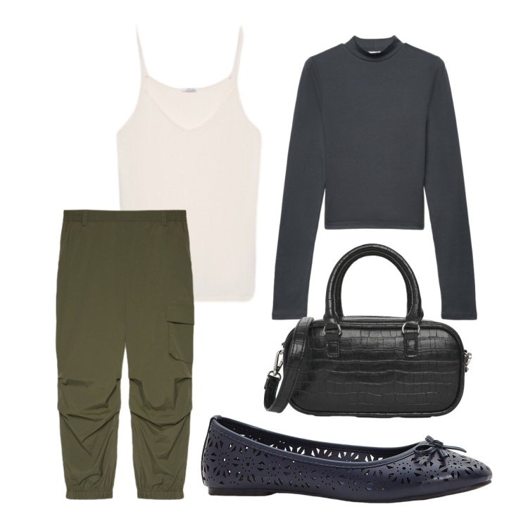 Outfit donna - Comfort essenziale. Stile Military per Tutti i giorni. Abbinamento con ballerine, borse a tracolla, t-shirt, pantaloni cargo, canottiere.