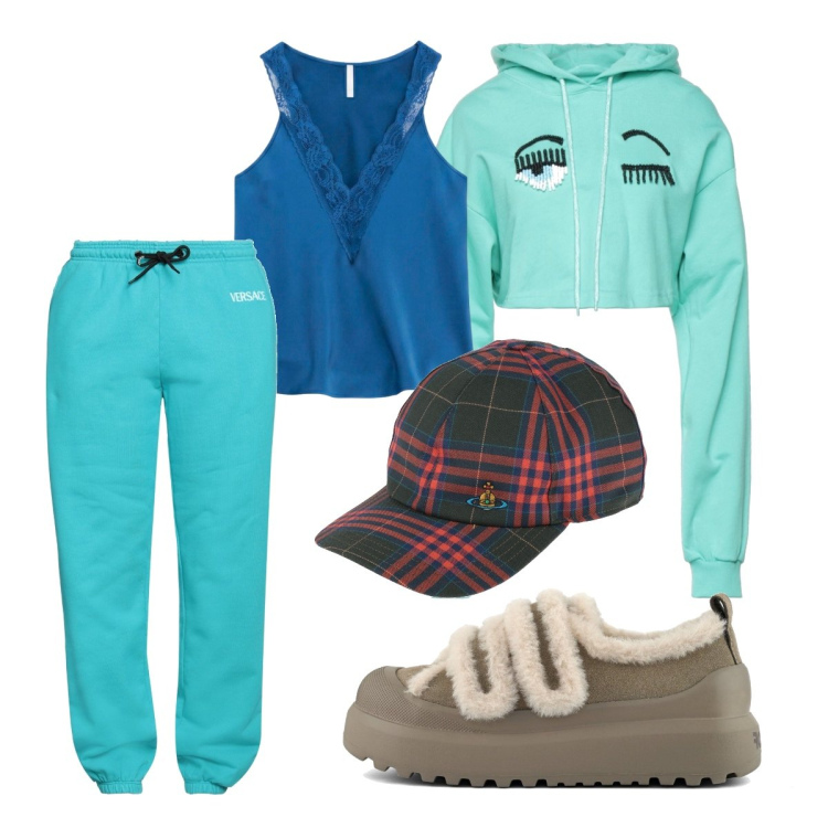 Outfit donna - Ottobre. Stile Sporty chic per Tutti i giorni. Abbinamento con felpe con cappuccio, cappelli con visiera, pantaloni sportivi, canottiere, sneakers.