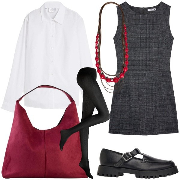Outfit donna - Autunno in ufficio. Stile Preppy per Ufficio. Abbinamento con camicie, collant, borse a spalla, mocassini, vestiti senza maniche, collane.