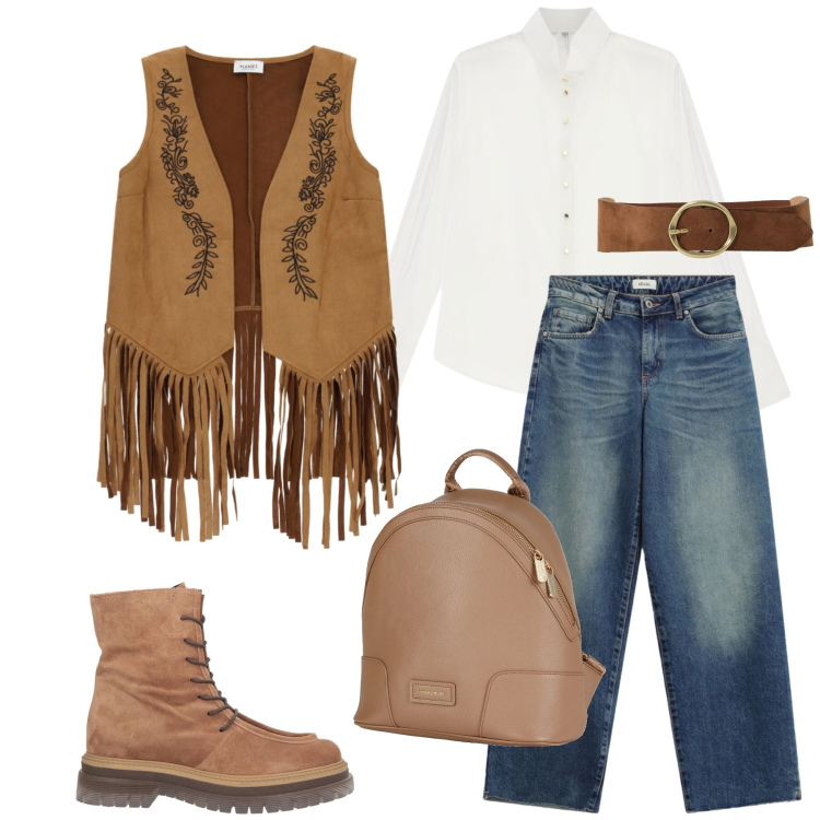 Outfit donna - Total look #2492310. Stile Glamour per Tutti i giorni. Abbinamento con zaini, stivaletti, camicie, gilet, cinture, jeans.