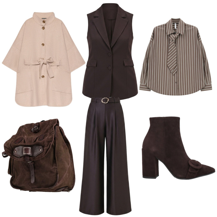 Outfit donna - Monocromo marrone. Stile Mannish per Ufficio. Abbinamento con camicie, cappotti, pantaloni a palazzo, gilet, stivaletti, zaini.