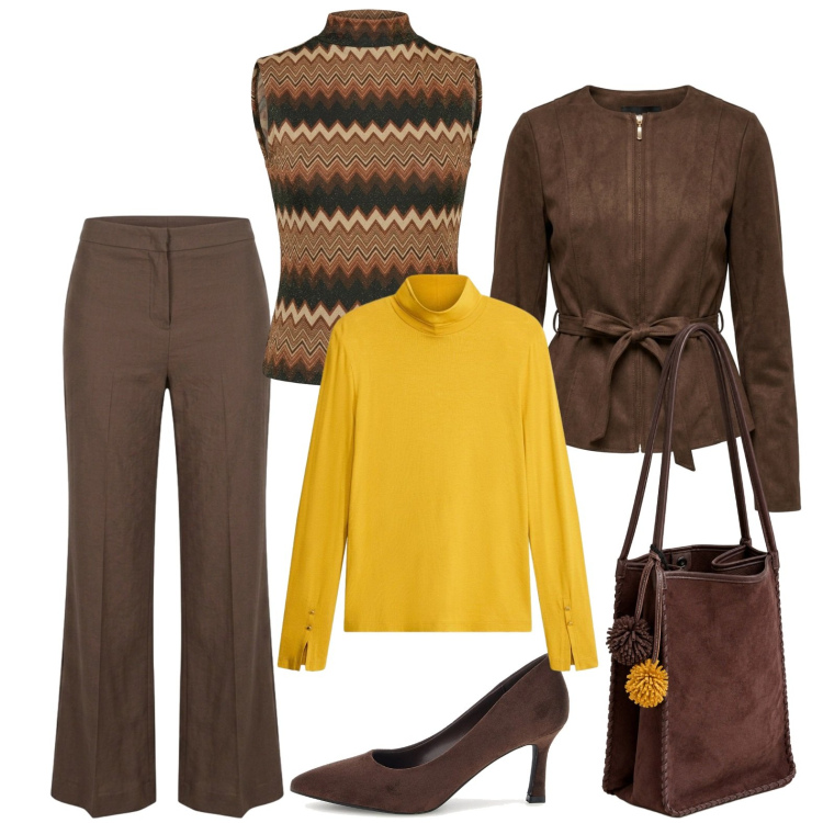 Outfit donna - Sovrapposizioni strategiche. Stile Urban per Ufficio. Abbinamento con pantaloni, blazer, top, borse a spalla, décolleté, t-shirt.