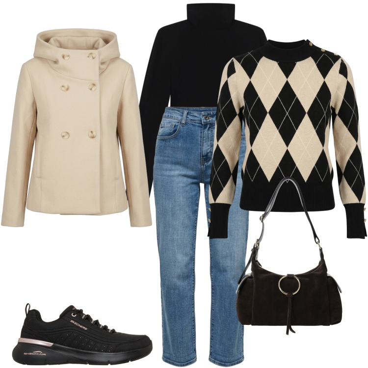 Outfit donna - Total look #2492320. Stile Casual chic per Tutti i giorni. Abbinamento con t-shirt, borse a spalla, cappotti, jeans dritti, pullovers, sneakers.