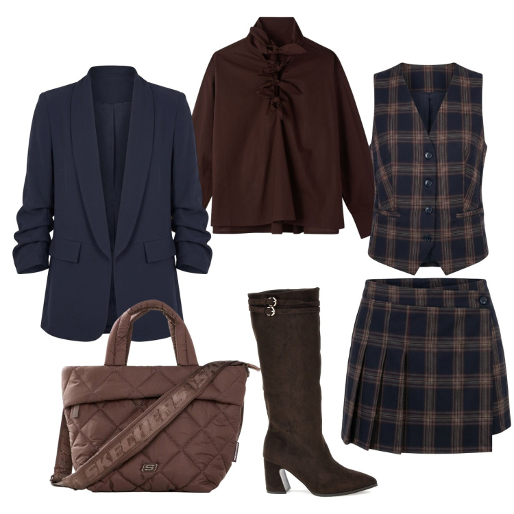 Outfit donna - Layering metropolitano. Stile Urban per Tutti i giorni. Abbinamento con borse tote, bluse, blazer, minigonne, gilet, stivali.