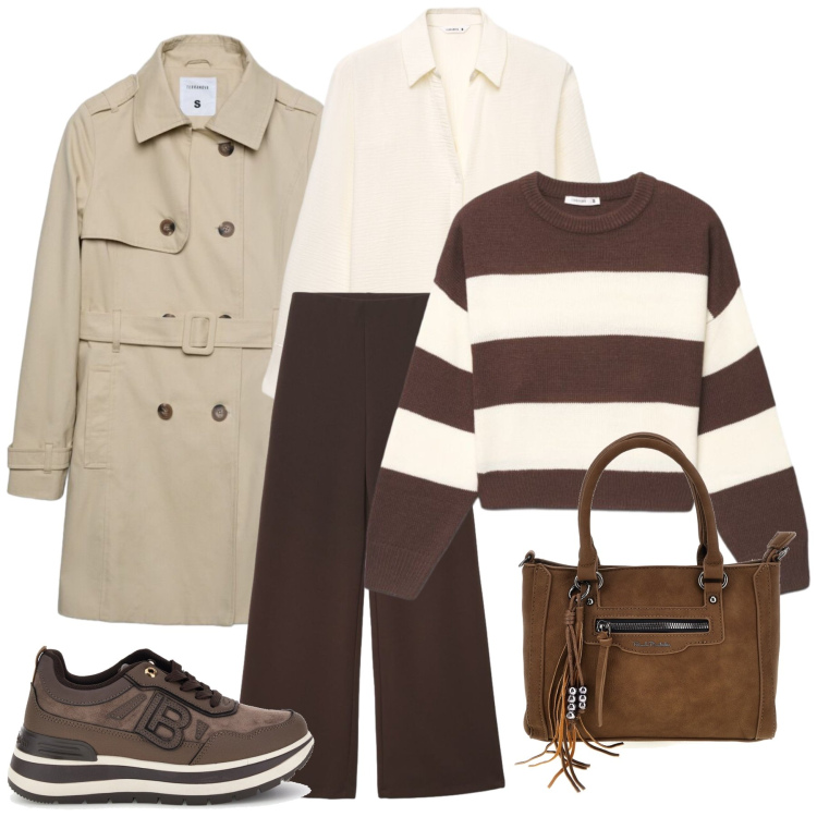 Outfit donna - Total look #2492328. Stile Casual chic per Tutti i giorni. Abbinamento con trench, camicie, pantaloni a palazzo, maglieria, sneakers, borse a mano.