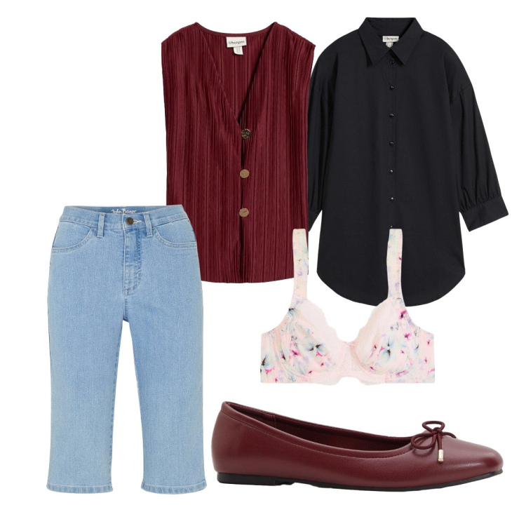 Outfit donna - Autunno. Stile Basic per Tutti i giorni. Abbinamento con top, reggiseni, camicie, bermuda, ballerine.