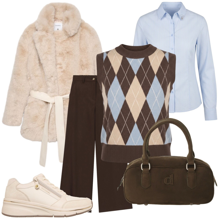 Outfit donna - Total look #2492330. Stile Glamour per Tutti i giorni. Abbinamento con cappotti, borse a mano, pantaloni a palazzo, maglieria, camicie, sneakers.
