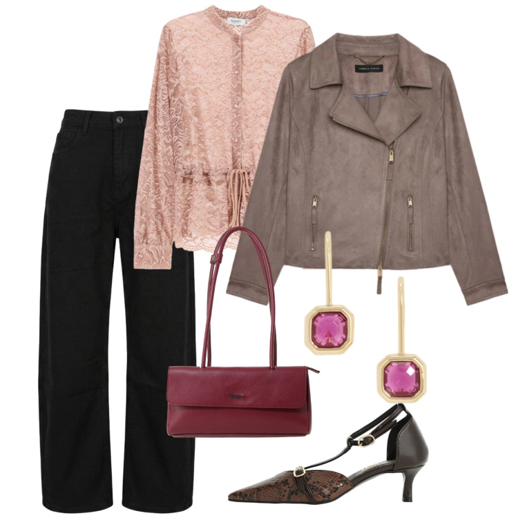 Outfit donna - La Capsule Wardrobe. Stile Casual chic per Tutti i giorni. Abbinamento con décolleté, bluse, borse a spalla, giacche, jeans, orecchini.