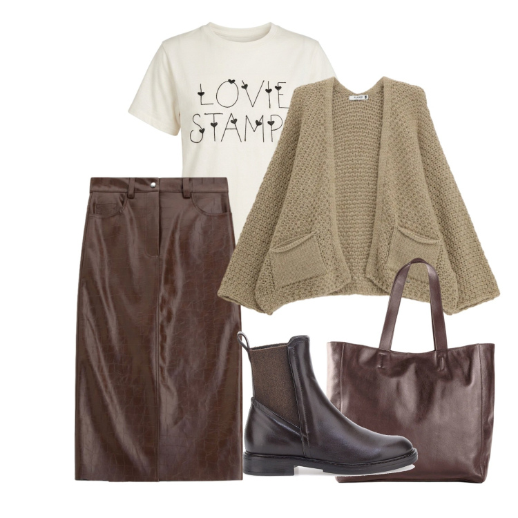 Outfit donna - La Capsule Wardrobe. Stile Chic per Tutti i giorni. Abbinamento con cardigans, gonne longuette, t-shirt, stivaletti chelsea, shopping bag.