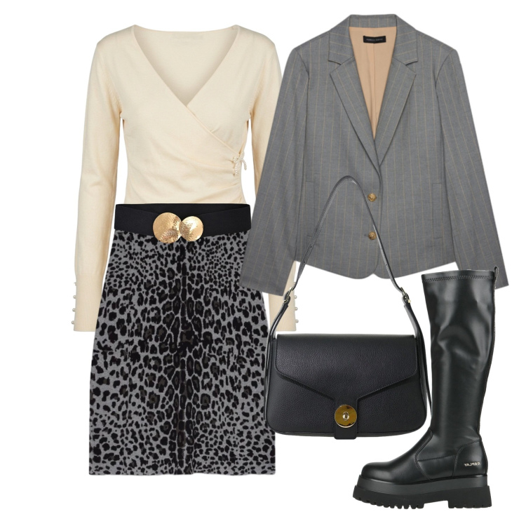 Outfit donna - La Capsule Wardrobe. Stile Chic per Serata fuori. Abbinamento con borse a spalla, gonne longuette, blazer, cinture, t-shirt, stivali.