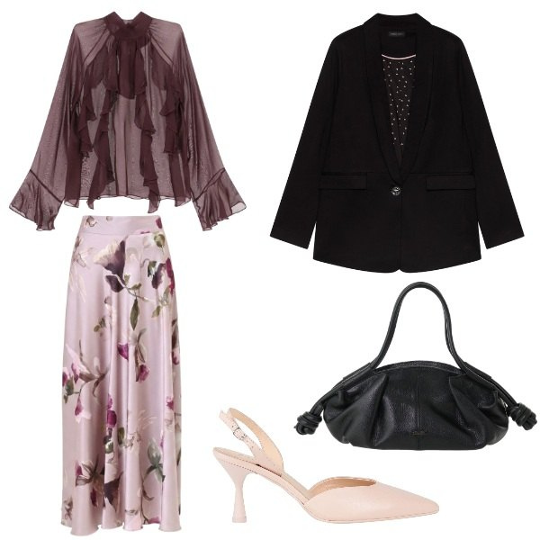 Outfit donna - Romantic chic. Stile Glamour per Tutti i giorni. Abbinamento con blazer, gonne lunghe, borse a mano, camicie, décolleté.