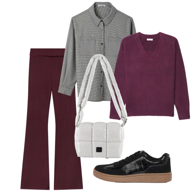 Outfit donna - Ottobre. Stile Basic per Scuola/Università. Abbinamento con borse a spalla, leggings, camicie, maglieria, sneakers.