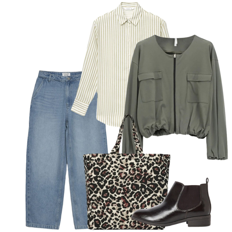 Outfit donna - In jeans. Stile Casual chic per Tutti i giorni. Abbinamento con bomber, camicie, jeans dritti, shopping bag, stivaletti.