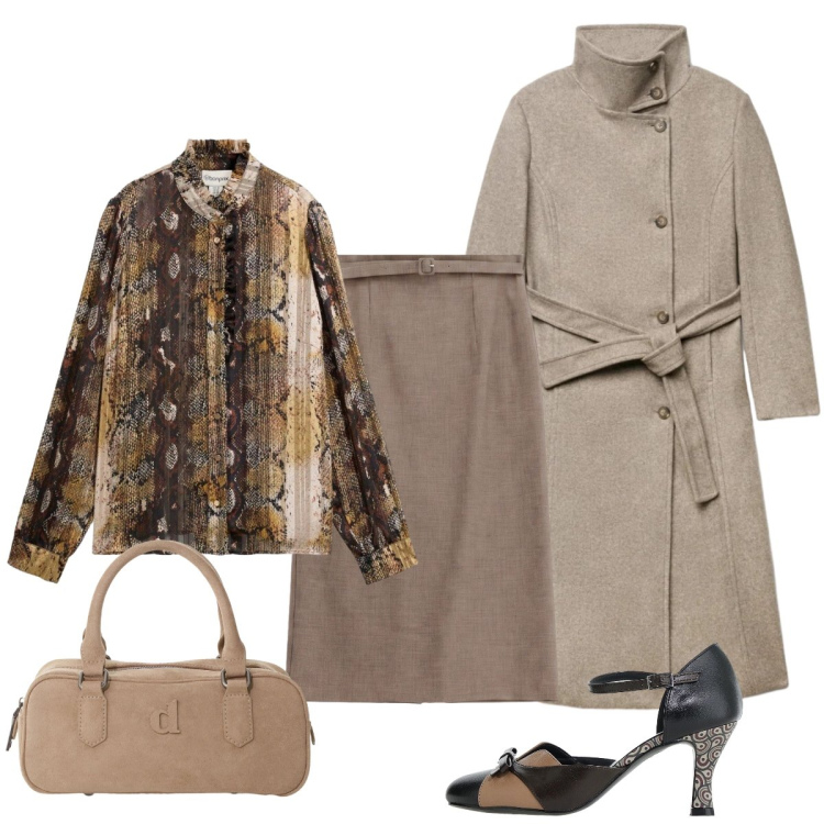 Outfit donna - Look autunnale: caldo e sofisticato. Stile Minimal per Ufficio. Abbinamento con gonne longuette, borse a mano, décolleté, cappotti, camicie.