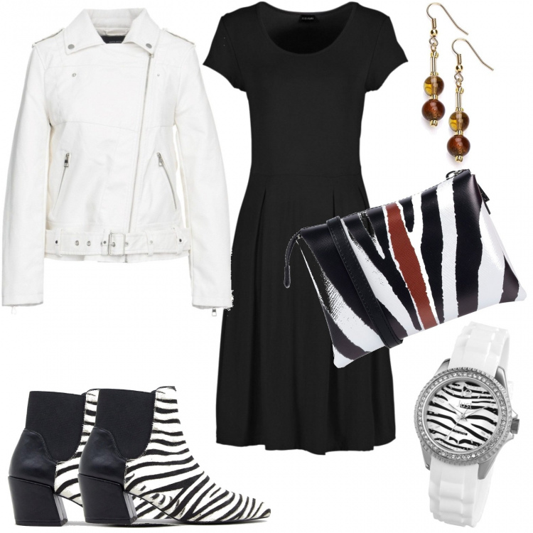 Outfit donna - Savana style. Stile Urban per Tutti i giorni. Abbinamento con vestiti, borsa a mano mini fantasia con zip in pelle sintetica con tracolla removibile, giubbotto in pelle sintetica, stivali con stampa e tacco largo a punta in denim elasticizzato, orologio analogico con cinturino collo aperto con strass bianco, orecchini oro.