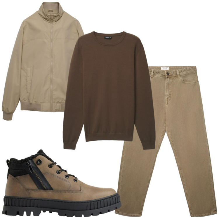 Outfit uomo - Total look #2492391. Stile Casual per Tutti i giorni. Abbinamento con jeans, bomber, maglieria, stivali e stivaletti.