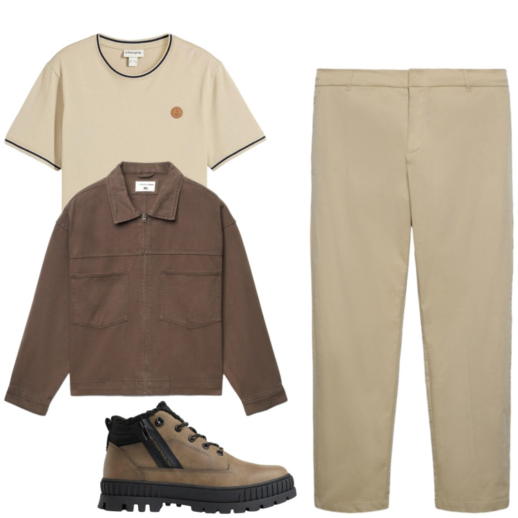 Outfit uomo - Total look #2492393. Stile Casual per Tutti i giorni. Abbinamento con pantaloni chino, cappotti, t-shirt, stivali e stivaletti.