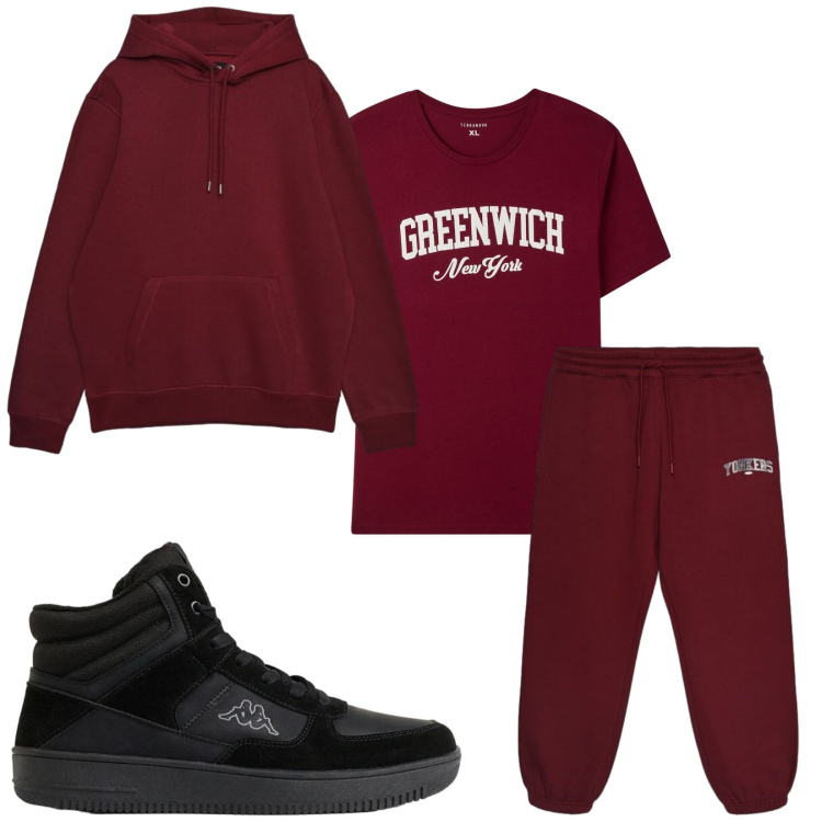Outfit uomo - Total look #2492396. Stile Urban per Sport. Abbinamento con t-shirt, pantaloni, felpe con cappuccio, sneakers alte.