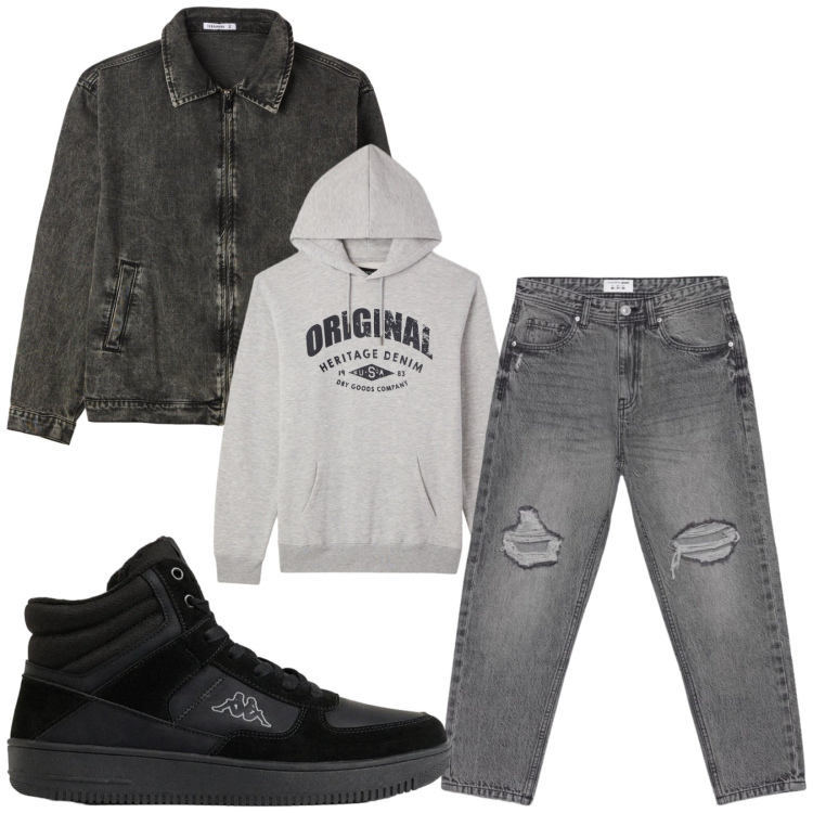 Outfit uomo - Total look #2492400. Stile Urban per Tutti i giorni. Abbinamento con jeans strappati, cappotti, felpe con cappuccio, sneakers alte.