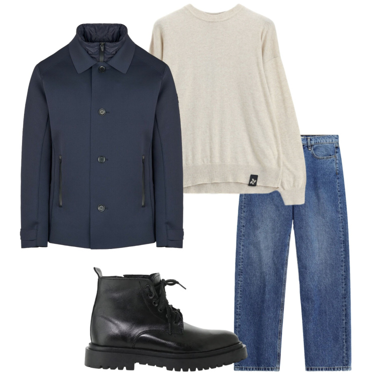 Outfit uomo - Urban autunnale. Stile Urban per Tutti i giorni. Abbinamento con maglieria, anfibi, jeans, giacche.