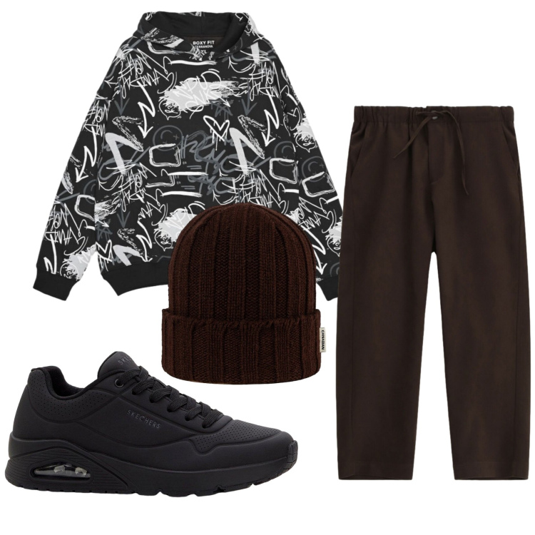 Outfit uomo - Total look #2492422. Stile Urban per Tutti i giorni. Abbinamento con pantaloni, berretti, felpe con cappuccio, sneakers.
